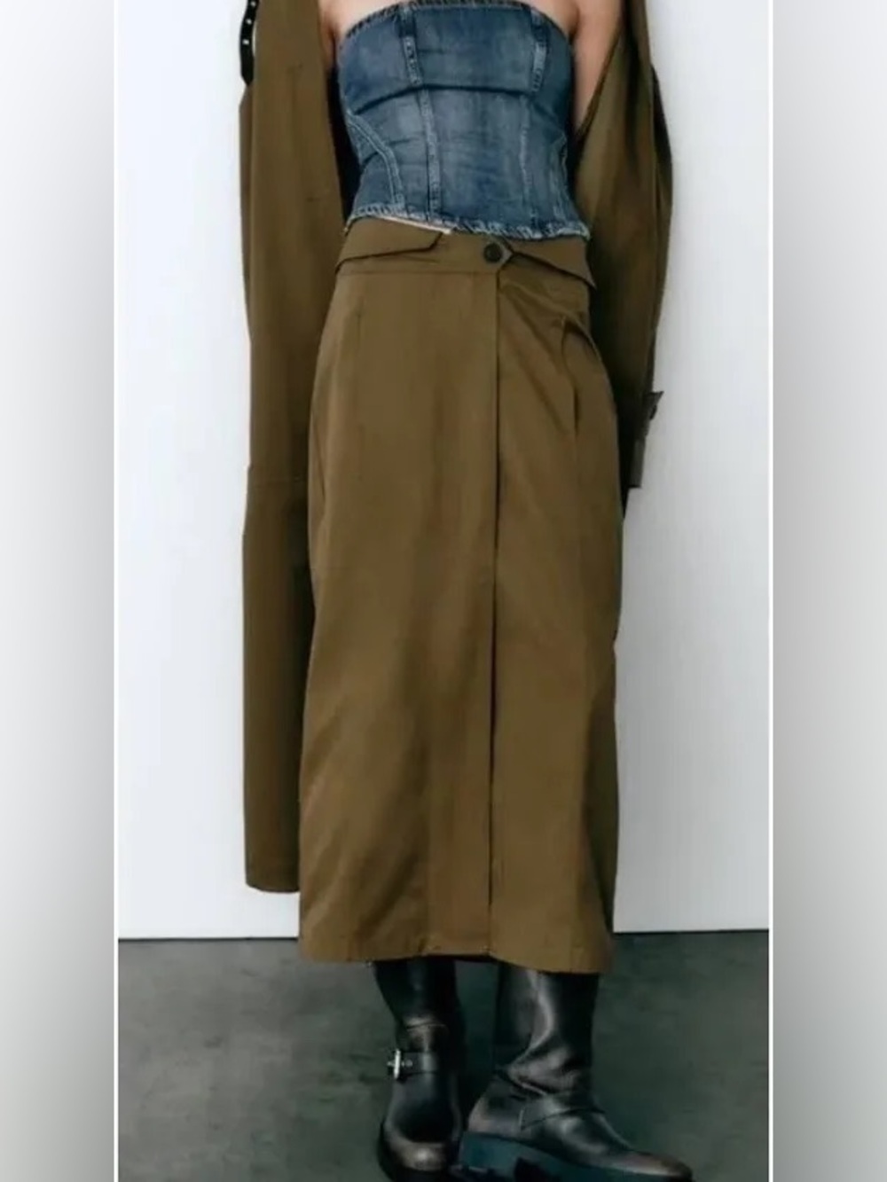 NWT Zara Olive Green Utility Midi Skirt Size M
